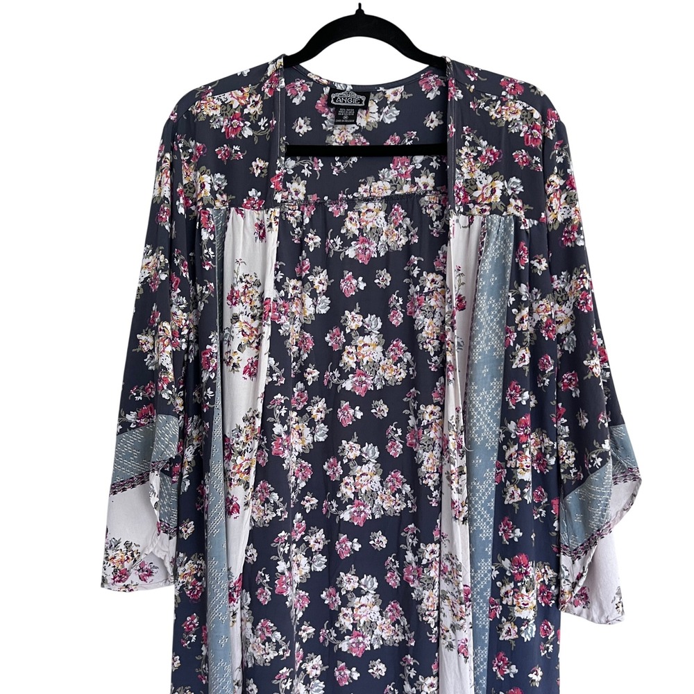 Floral Duster Kimono Womens Medium Mixed Boho‎ Patchwork Print Longline Slits - Picture 3 of 9